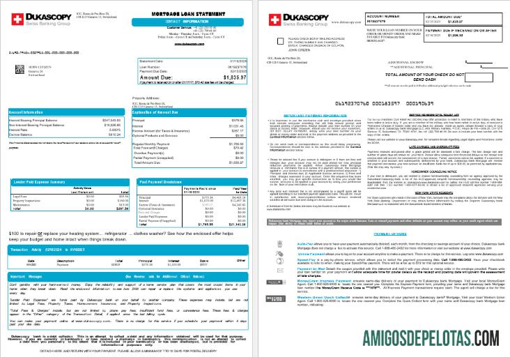 Extrato de empréstimo hipotecário do Banco Dukascopy da Suíça em formatos Word e PDF, 8 páginas 1 2 modelo